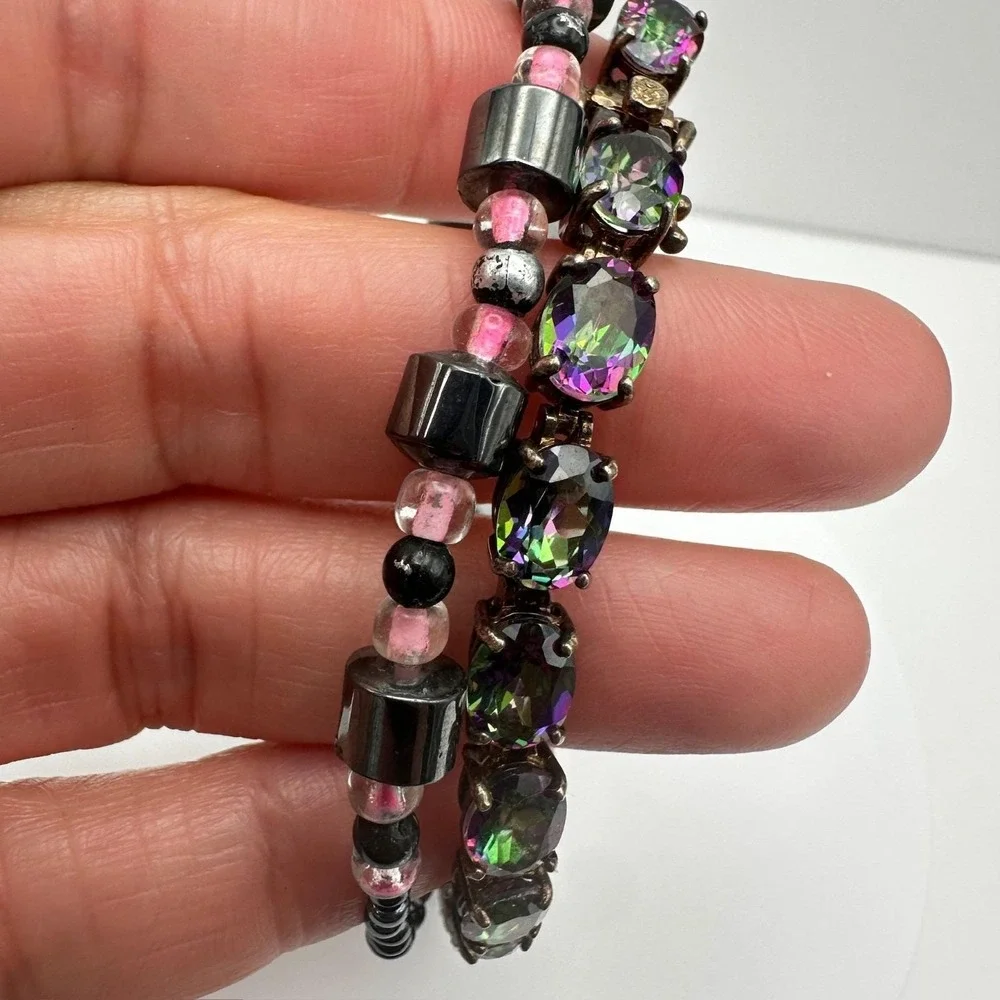 Vintage 90's Black & Pink Hematite Magnetic‎ Necklace & Wrap Bracelet Set Retro